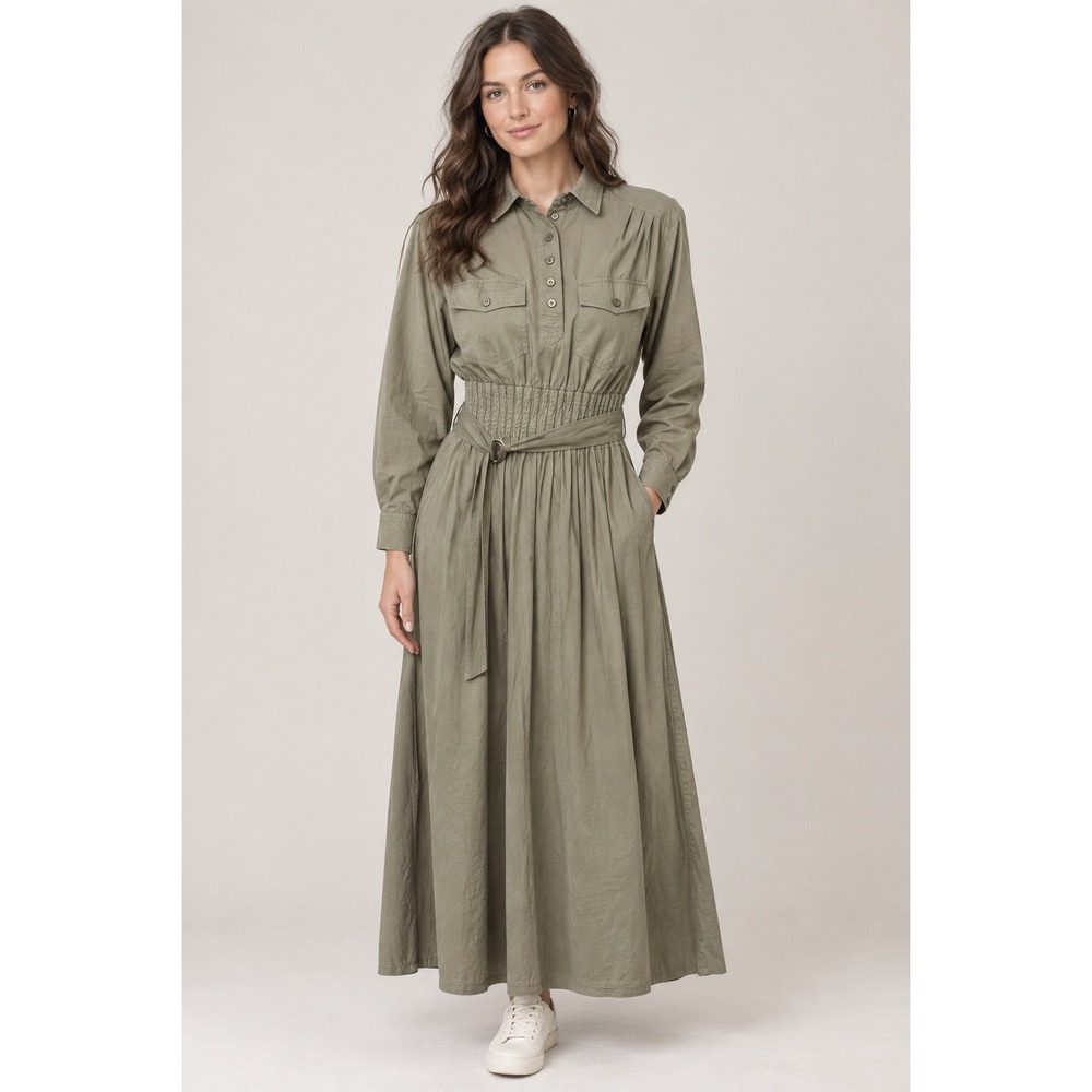Vintage 80s Alain Toussaint Long Sleeve Belted Shirt Dress Size 16W Khaki‎